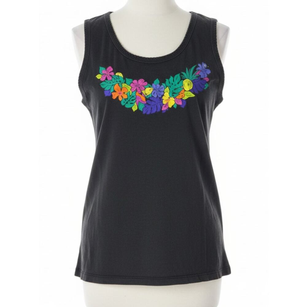 Separate Issue Tank Top Plus 18W Black Floral Vacation 100% Cotton SMALL HOLE